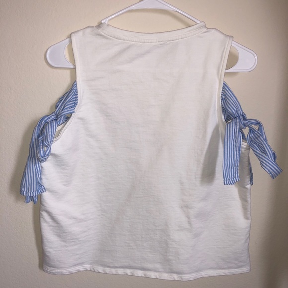 Blue White Striped Bow Tie Open Shoulder Tank Top - Picture 2 of 7